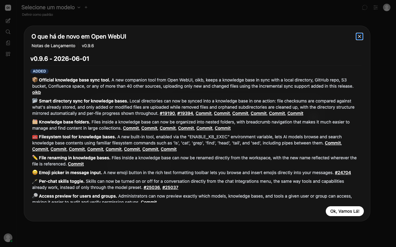 Open WebUI logado mostrando interface principal com models e MCP enabled